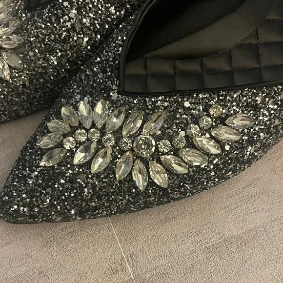 Birdies Swan Jeweled Gunmetal - Black Sparkle Embellished Mules- Size 10- - Picture 3 of 10